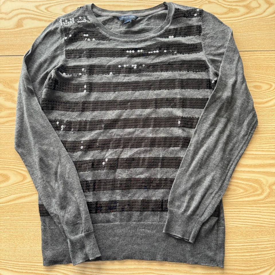 Tommy Hilfiger Mujer Jersey Medio Gris Negro Manga Larga Cuello Redondo Moda Foto 4 de 4