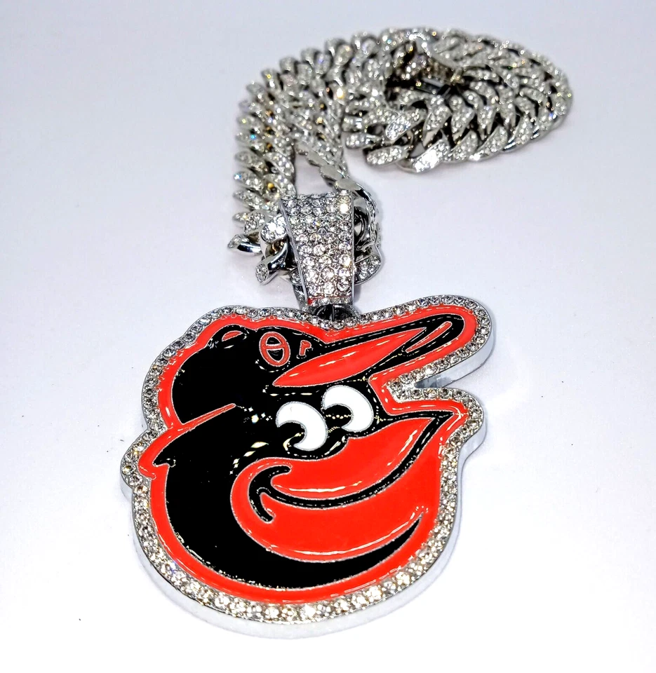 BALTIMORE ORIOLES GEM NECKLACE Silver Bling Hip Hop Baseball Pendant & 20" Chain - Image 3 of 4