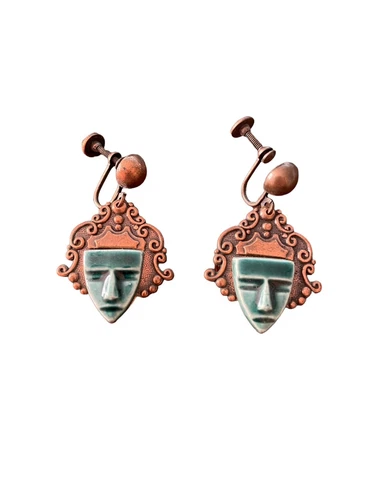 Vintage Copper Green Enamel Mask Earrings Screw Back Costume Jewelry Retro