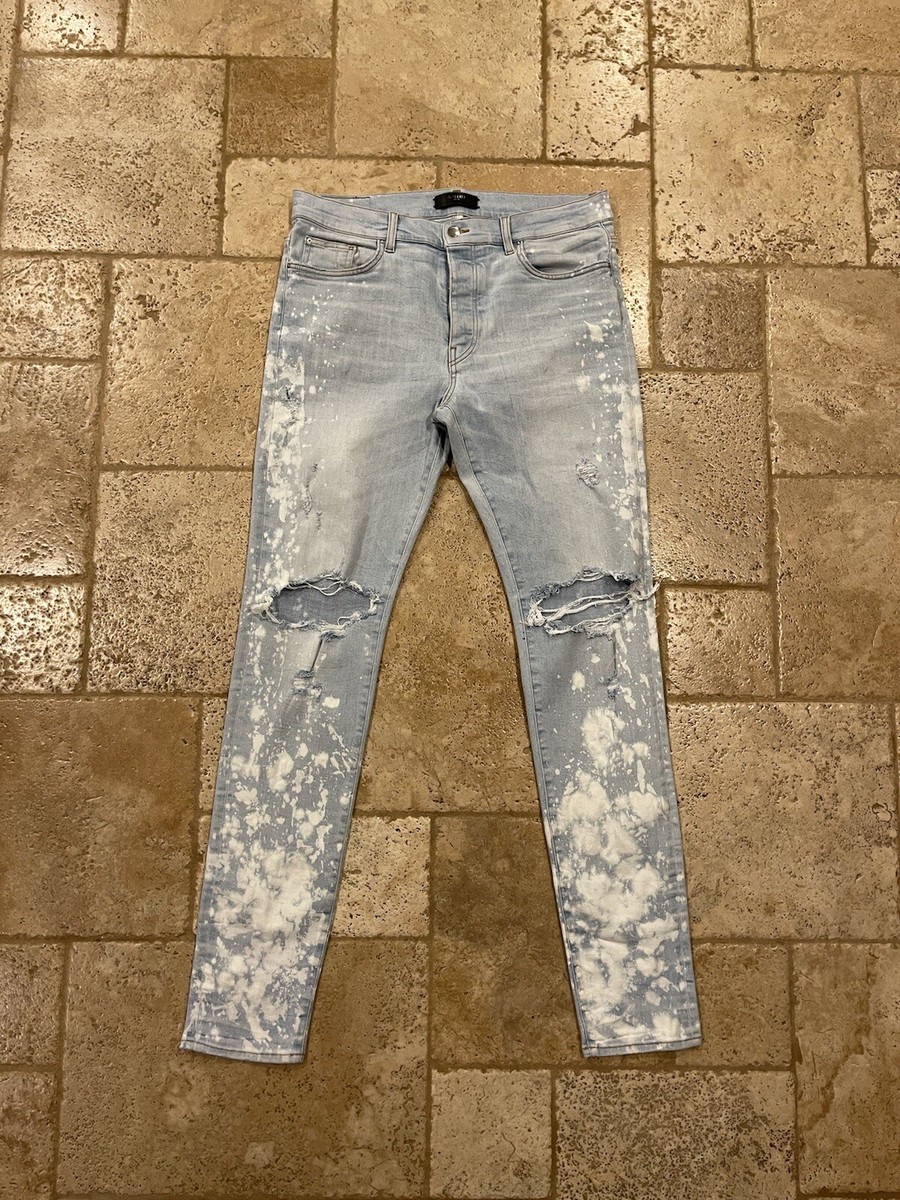 Amiri Bleached Splatter Light Wash Blue Thrasher Denim Jeans UK