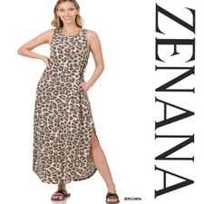 1X 2X 3X PLUS ZENANA BROWN LEOPARD SLEEVELESS ROUND NECK MAXI DRESS BHCS