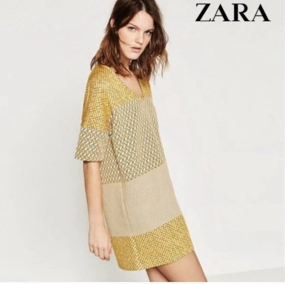 Zara Jaquard Bohemian Yellow Black White V Neck Shift Mini Dress Size Medium - Image 2 of 4
