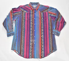 Vtg 80s 90s H Bar C Wild Crazy Aztec Western Long Sleeve Shirt 16 33 Colorful