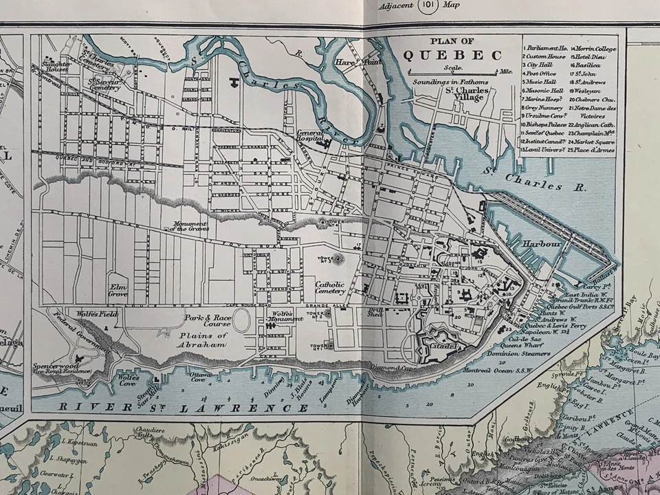 Оригинальная антикварная карта Квебека 1891 г. раскрашенная вручную от G.W. Бекон - Изображение 4 из 4