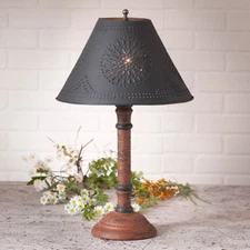 Gatlin Wood Table Lamp with Punched Tin Metal Shade in 3 Color Choices