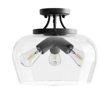 Merra 14 in. 3-Light Matte Black Semi-Flush Mount with Clear Glass Shade