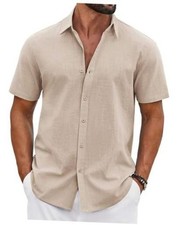 Mens Button Down Shirts Short Sleeve Casual Shirt Cotton Summer Medium Khaki