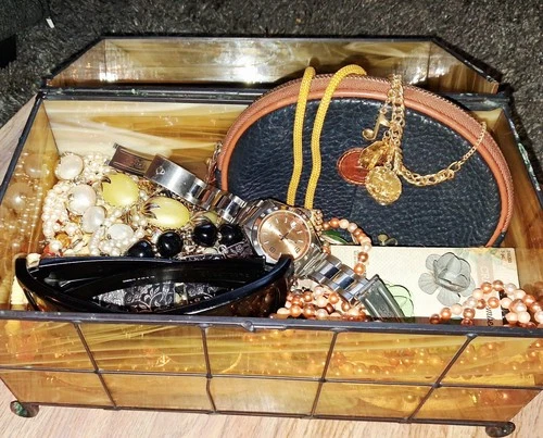 Vintage Amber Stainded Glass Treasure Box Costume Jewelry Estate Lot  🔥