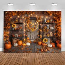 Fall Pumpkin Photography Backdrop Autumn Harvest Maple Leaves Orange 10x8 Ft