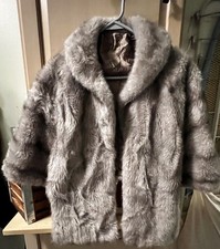 Vintage 1960s Sears Fashions Gray Faux Fur Cape Shawl Coat Brocade Lined Size L