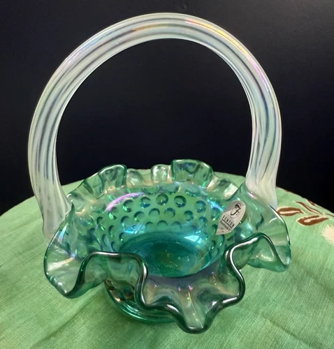 Fenton Art Glass  Spruce Iridescent Hobnail  Mini Basket