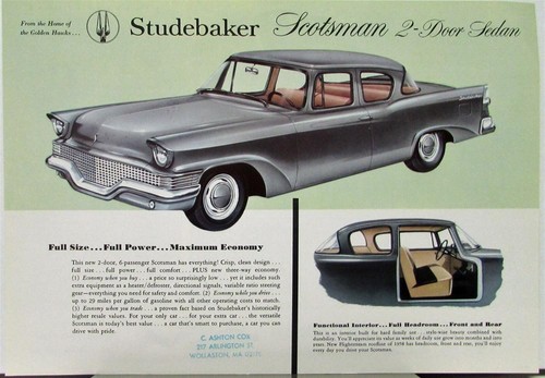 1958 Studebaker Scotsman 2 Door Sedan Color Data Sheet Original