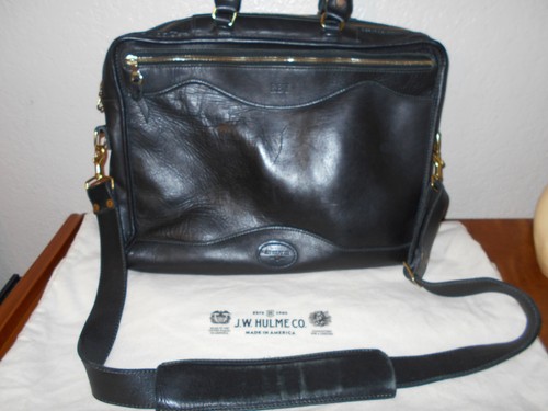 Vintage J.W. Hulme Co. Heavy Black Leather Briefcase Messenger Bag W/Dust Bag