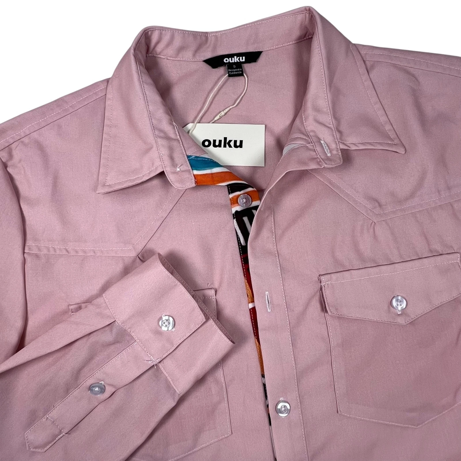 Ouku Western Style Button Up Shirt Sm Pink Contrast Trim Cowboycore Indie Modern