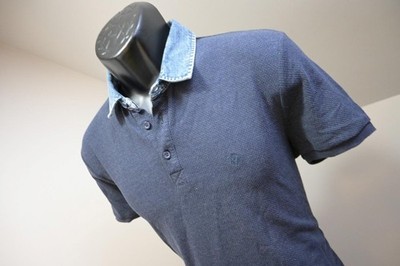 Mavi Jeans Denim Collar Polo Shirt Fitted Short Sleeve Dark Blue Mens Sz Large