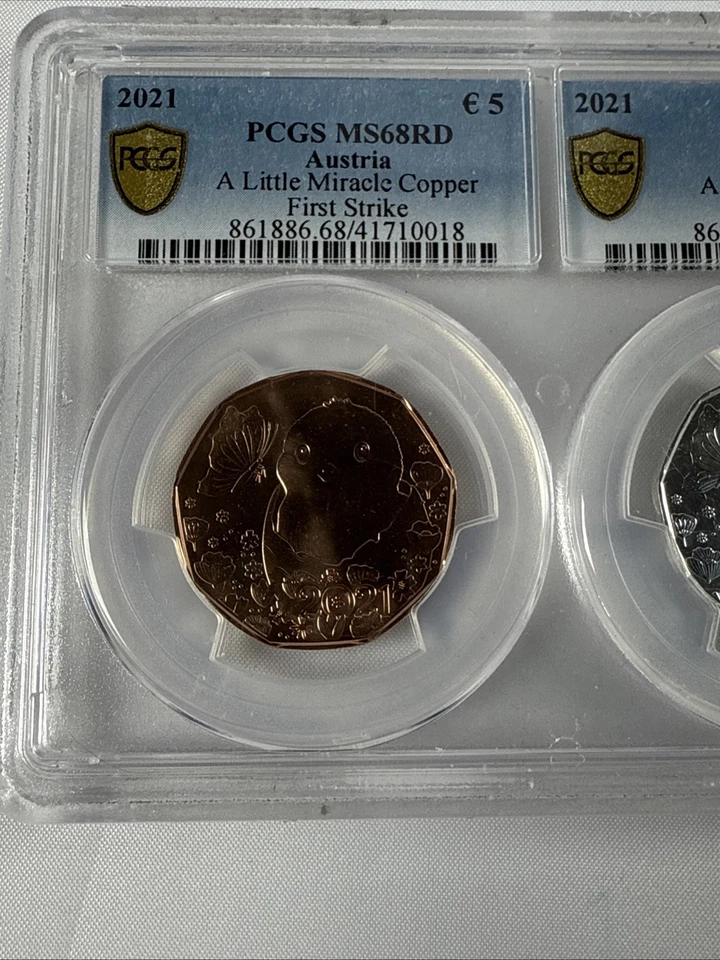 AUSTRIA 2021 5 Euro Pair - A little Miracle - Copper + Silver - PCGS MS 68RD/70 - Image 3 of 4