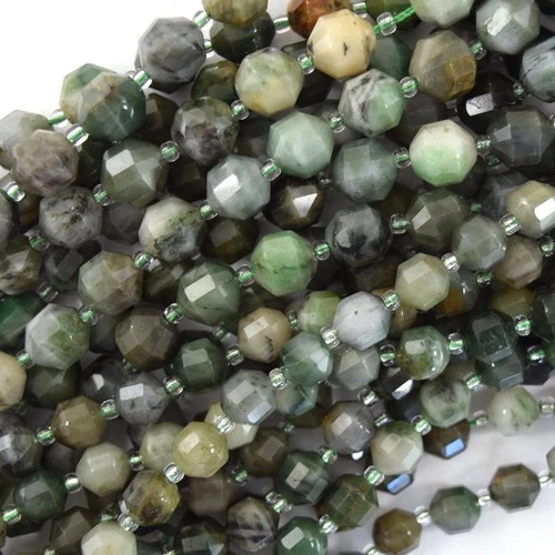 Natural Green African Jade Prism Double Point Cut Faceted Beads 15.5" 8mm 10mm
