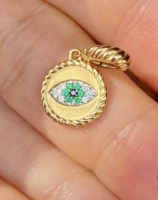 David Yurman 18K Gold Diamond Emerald Evil Eye Pendant Amulet Enhancer $1350+