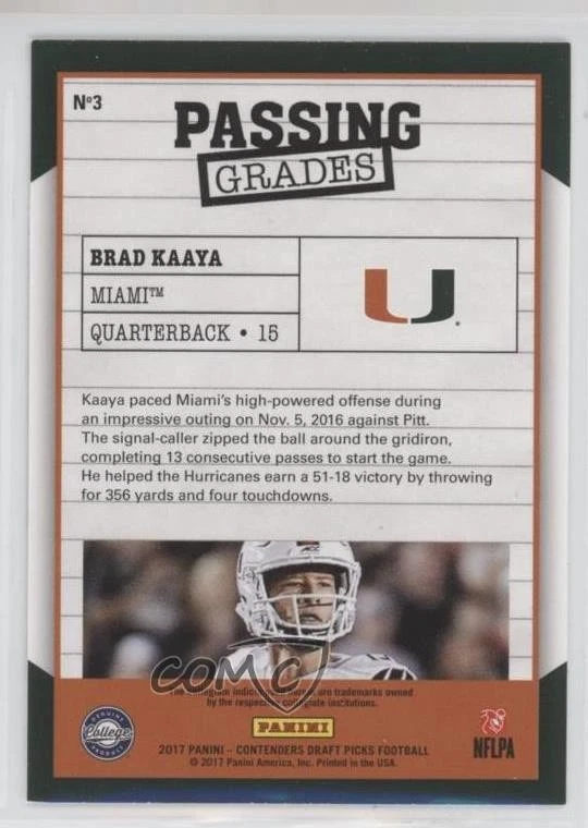 2017 Panini Contenders Draft Picks Passing Grades Brad Kaaya #3 Rookie RC - Image 2 of 2