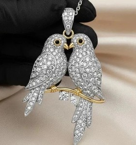 Authentic 2.40Ct Round Cut Real Moissanite Love Birds Pendant 14K Two Tone Gold Plated