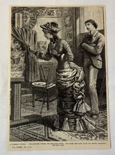 1887 magazine engraving ~ LADY PEEKS AT ARTIST'S PORTRAIT