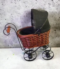Wicker Baby Doll Pram Carriage Stroller Buggy Metal Wheels, Frame 12" H x 10" L