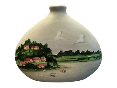 Vintage Artisan Hand Painted Pottery Flat Oval Ellipse Vase 9 H x 9 W