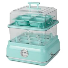 Nostalgia Egg Cooker Blue Cool-Touch Handles Built-In Timer Poaching Tray 14-Egg