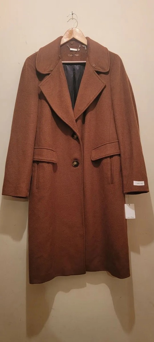 Calvin Klein Women Single breasted Wool Blend Coat Tobacco Brown Sz XL