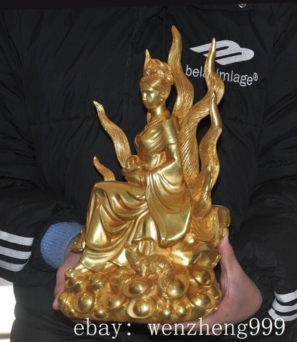 13 Zoll alte China antike Bronze vergoldete Reichtum neunschwänziger Fuchs himmlisches Wesen Statue - Bild 5 von 14