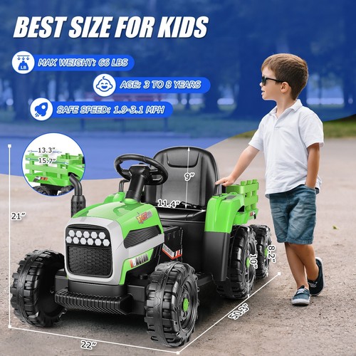 12V Kids Ride On Car Electric Tractor Battery Powered Toy Car with Trailer Gift