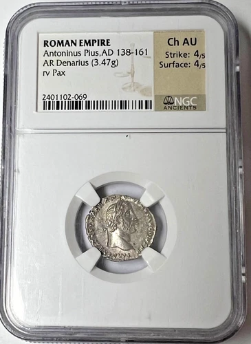 Roman Empire Antoninus Pius AD 138-161 AR Denarius NGC CH AU 4/5, 4/5.