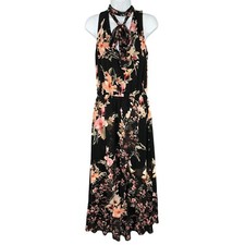 White House Black Market Floral Maxi Dress Sleeveless Tie Neck Black Size 8