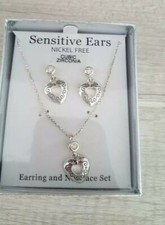 Etched Heart Shaped Earrings and Necklace Set Valentine's Nickel Free