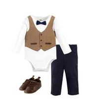 LITTLE TREASURE Baby Boy Herringbone Vest Bodysuit Pant Shoe Set Multicolor 3-6m