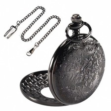 Vintage Steampunk Black Roman Numerals Necklace Quartz Pendant Pocket Watch