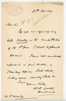 1900 Leyton School Board Letter Election Assistance Headmaster W S Lawton London