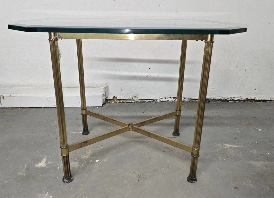 1970 Glass Top Brass Legs Base End Table - Image 3 of 3
