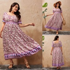 Plus Size 18-28 Women Boho Floral Midi Dress Summer Beach Holiday Swing Sundress