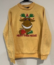 Vintage 80s Christmas Crewneck Sweatshirt Medium Yellow Holiday Reindeer Alcohol