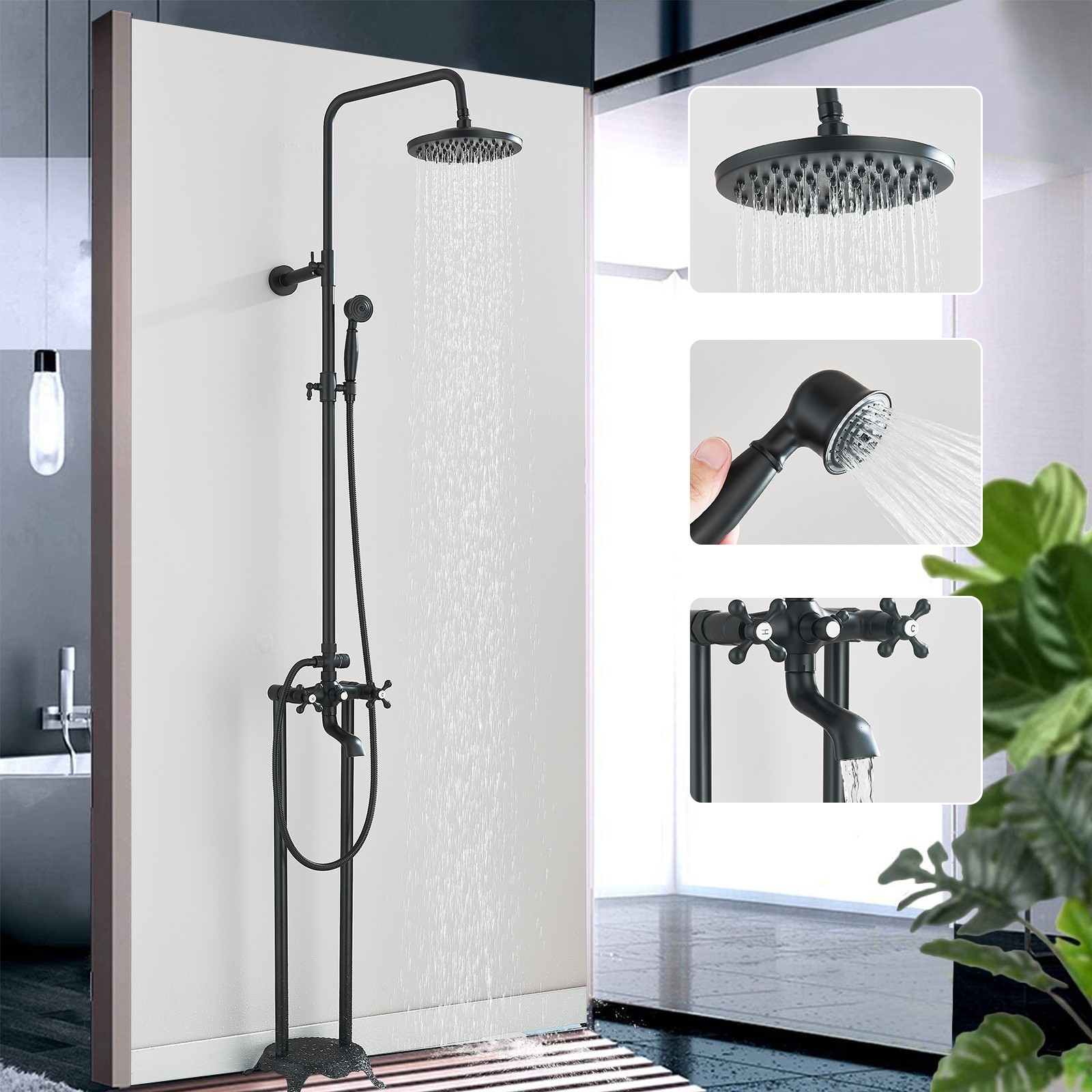 Black Freestanding Outdoor Shower Fixtures Kit Faucet System