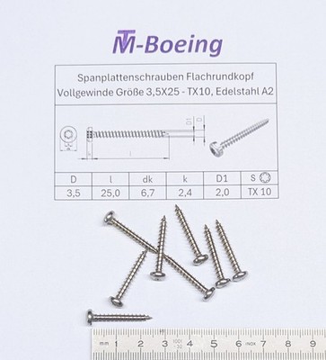 Spanplattenschrauben 3,5X25 TX10 Panhead (Flachkopf) Vollgewinde , Edelstahl A2