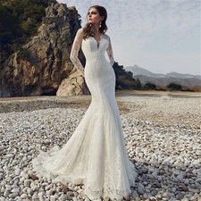 Boho Mermaid Wedding Dress Lace Applique V Neck Backless Sweep Train Bridal Gown