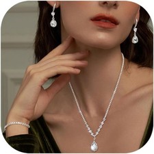 Silver Jewelry Set for Women Rhinestone Necklace and Earrings