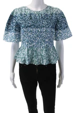 Rails Womens Cotton Floral Print Short Sleeve Round Neck Blouse Blue Size S