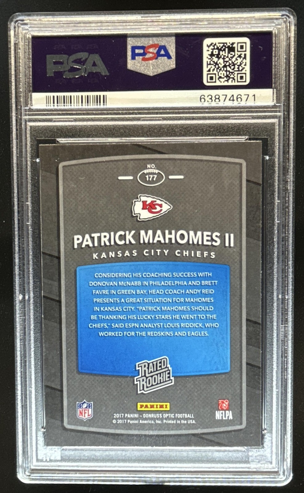 2017 Panini Donruss Optic Patrick Mahomes II RC Rated Rookie #177 Chiefs PSA 10 view 2