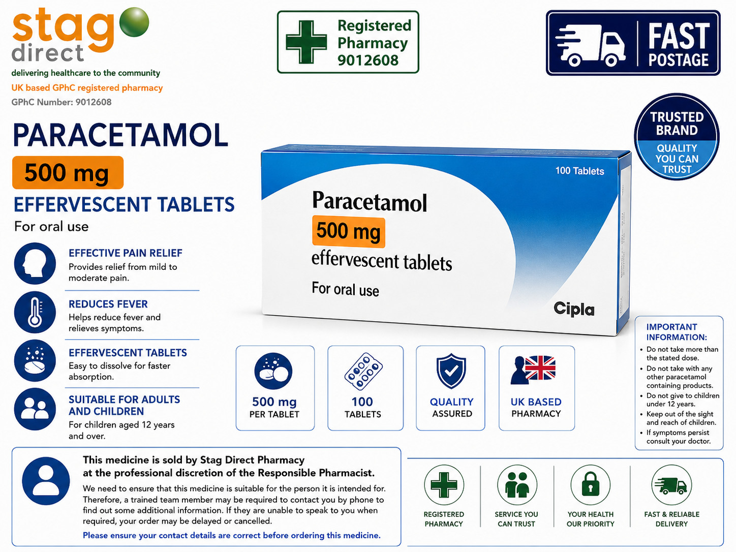 Paracetamol Effervescent 500mg 100 Tablets - 07/2028 - CIPLA BRAND