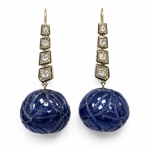 ANTIQUE ANGLO-INDIAN 18CT GOLD 60 CARAT NATURAL SAPPHIRE & DIAMOND EARRINGS