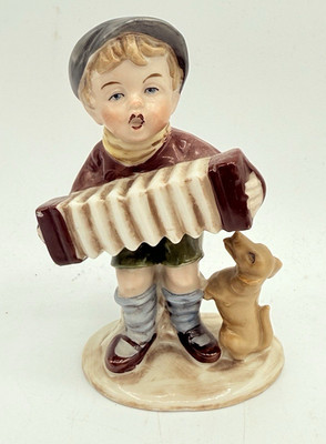 WAGNER AND APEL W&A Porcelain BOY W/ ACCORDION + DOG Figurine Vtg 1930s 1940s