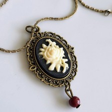 Vintage Style Rose Cameo Necklace Antique Bronze Tone with Red Bead Drop